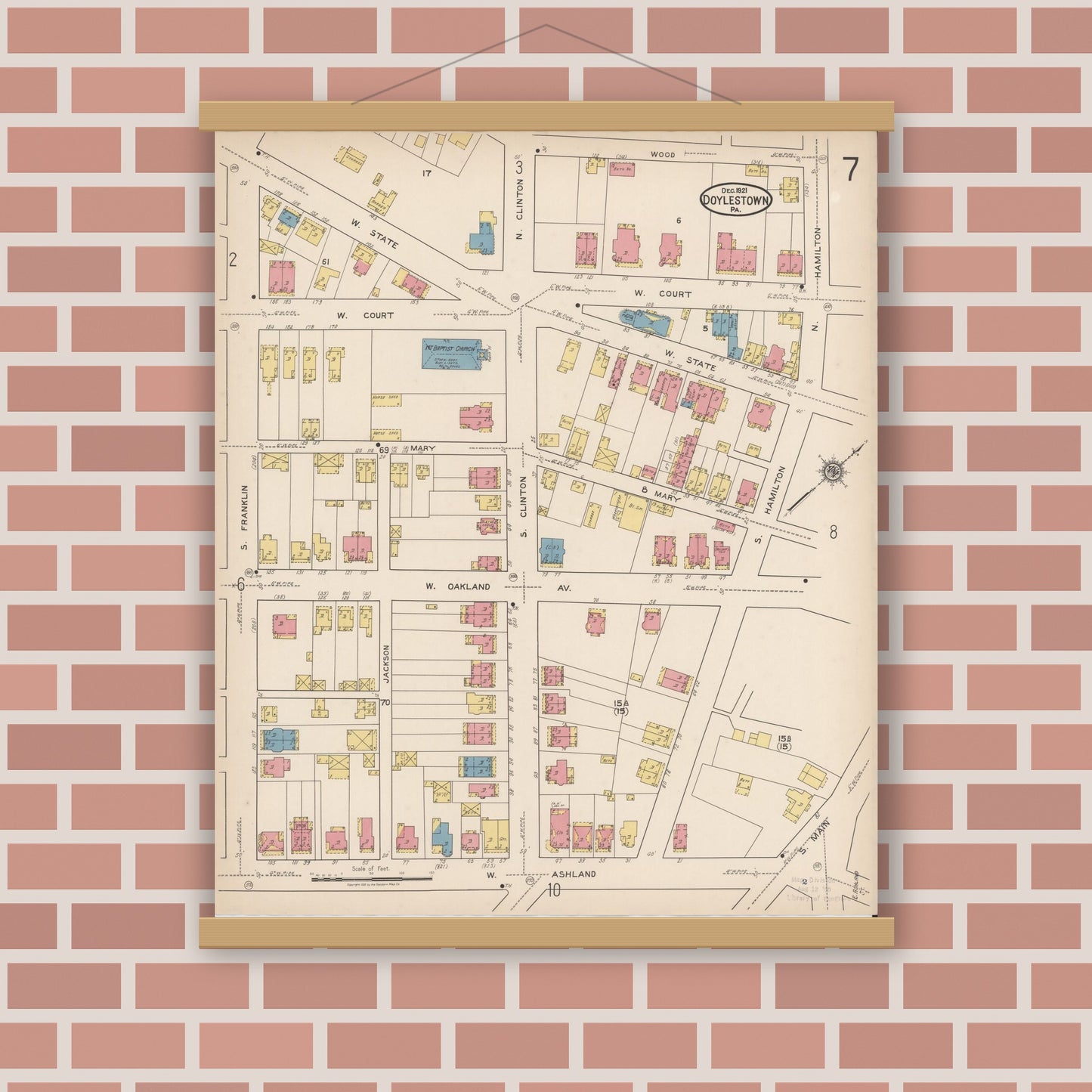 Old map wall art mockup — magnetic wood frame on brick wall — Sanborn Fire Insurance Map from Doylestown, Bucks County, Pennsylvania (1922), Sheet #0007
