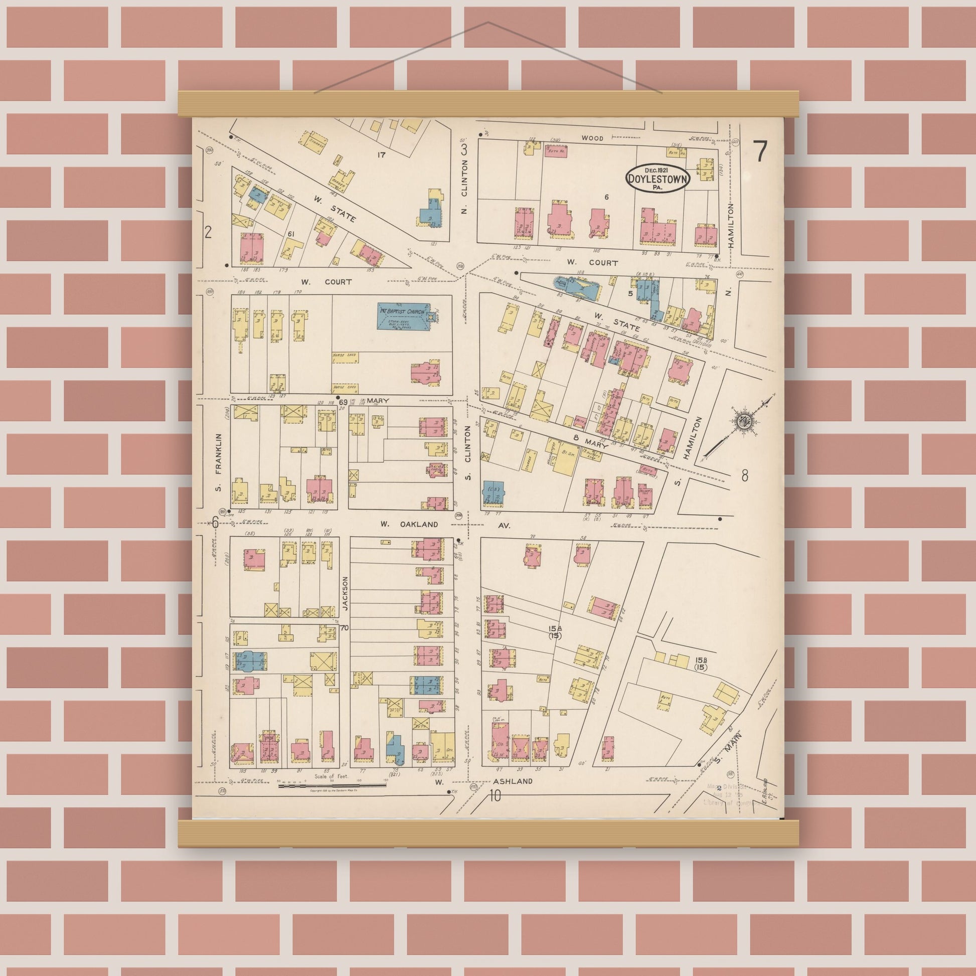Old map wall art mockup — magnetic wood frame on brick wall — Sanborn Fire Insurance Map from Doylestown, Bucks County, Pennsylvania (1922), Sheet #0007