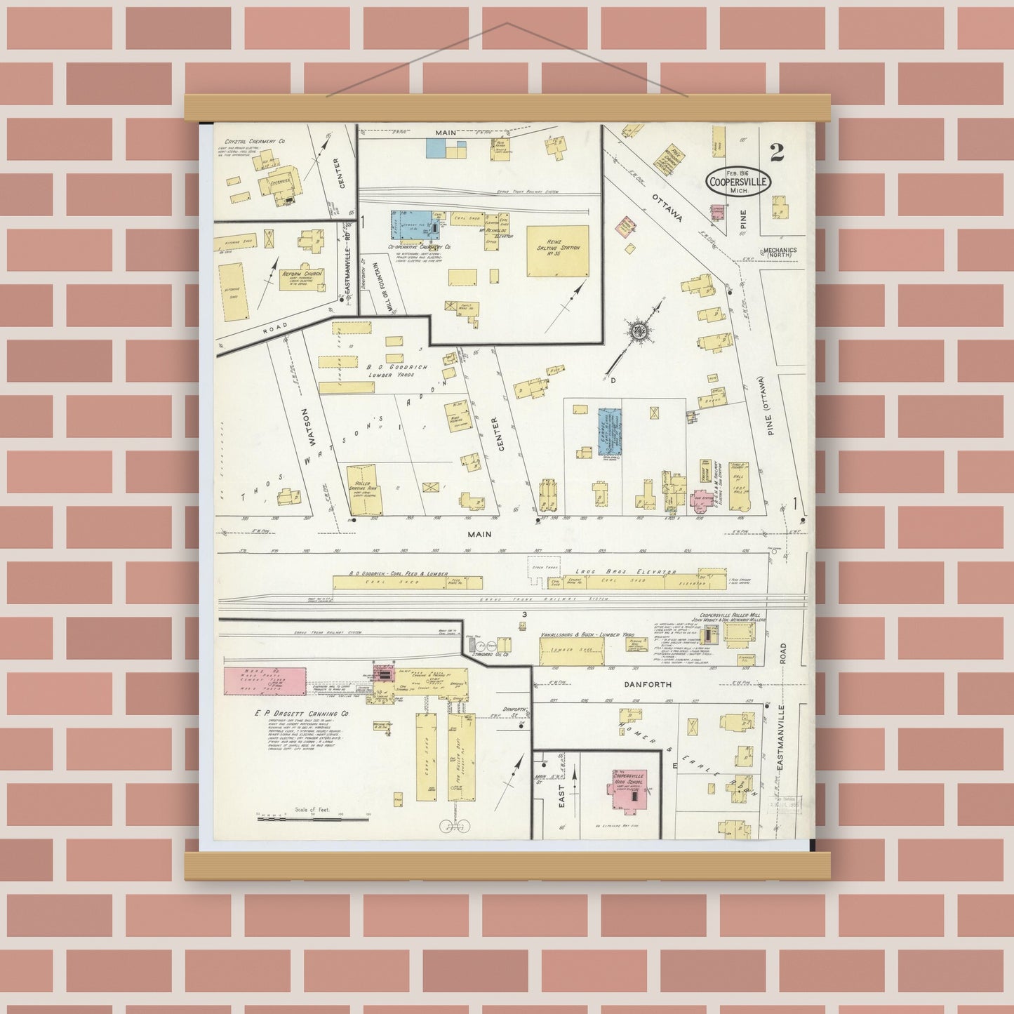 Old map wall art mockup — magnetic wood frame on brick wall — Sanborn Fire Insurance Map from Coopersville, Ottawa County, Michigan (1916), Sheet #0002