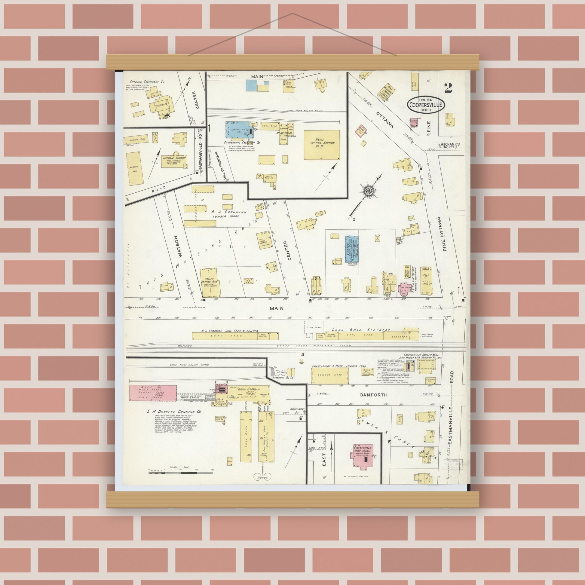 Old map wall art mockup — magnetic wood frame on brick wall — Sanborn Fire Insurance Map from Coopersville, Ottawa County, Michigan (1916), Sheet #0002