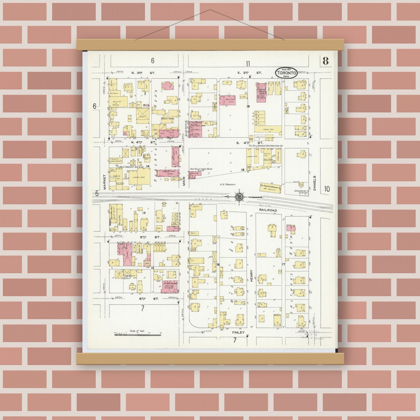 Old map wall art mockup — magnetic wood frame on brick wall — Sanborn Fire Insurance Map from Toronto, Jefferson County, Ohio (1911), Sheet #0008