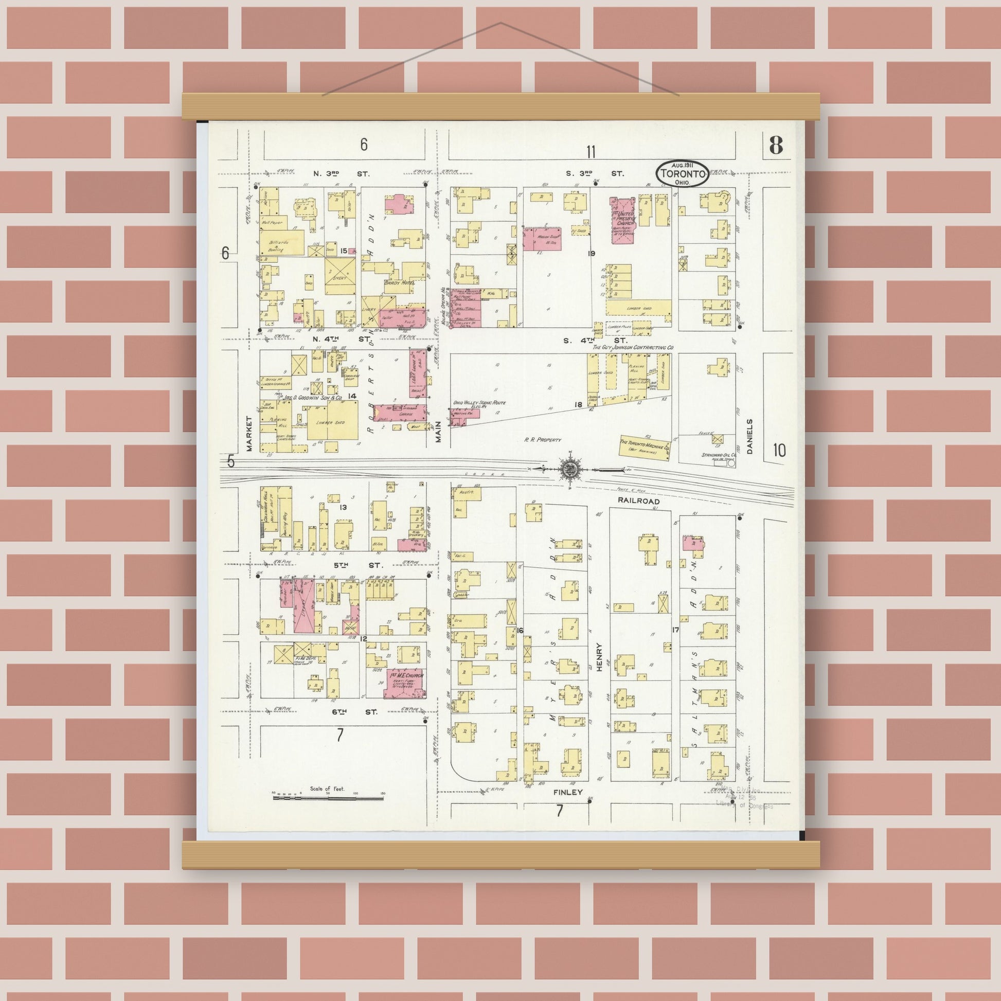 Old map wall art mockup — magnetic wood frame on brick wall — Sanborn Fire Insurance Map from Toronto, Jefferson County, Ohio (1911), Sheet #0008