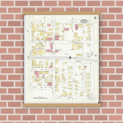 Old map wall art mockup — magnetic wood frame on brick wall — Sanborn Fire Insurance Map from Toronto, Jefferson County, Ohio (1911), Sheet #0008