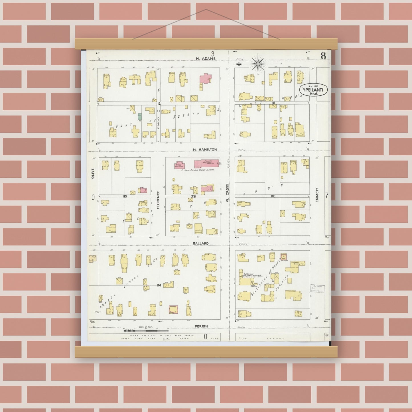 Old map wall art mockup — magnetic wood frame on brick wall — Sanborn Fire Insurance Map from Ypsilanti, Washtenaw County, Michigan (1899), Sheet #0008