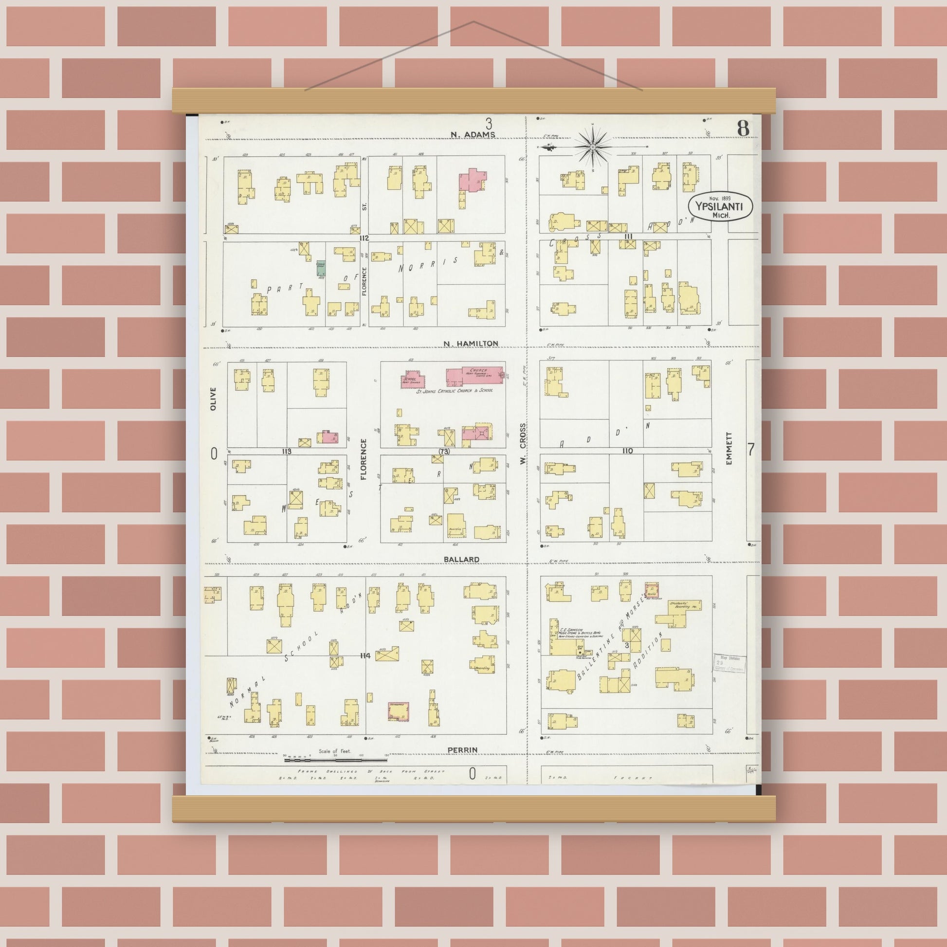 Old map wall art mockup — magnetic wood frame on brick wall — Sanborn Fire Insurance Map from Ypsilanti, Washtenaw County, Michigan (1899), Sheet #0008