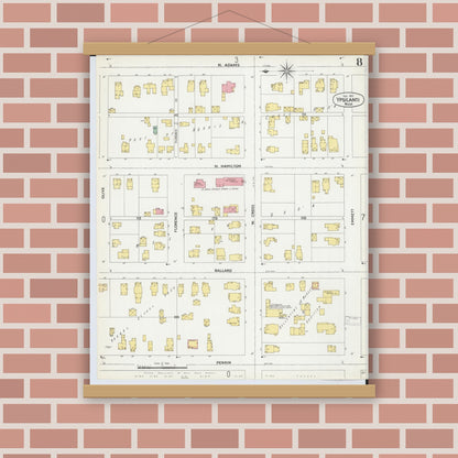 Old map wall art mockup — magnetic wood frame on brick wall — Sanborn Fire Insurance Map from Ypsilanti, Washtenaw County, Michigan (1899), Sheet #0008