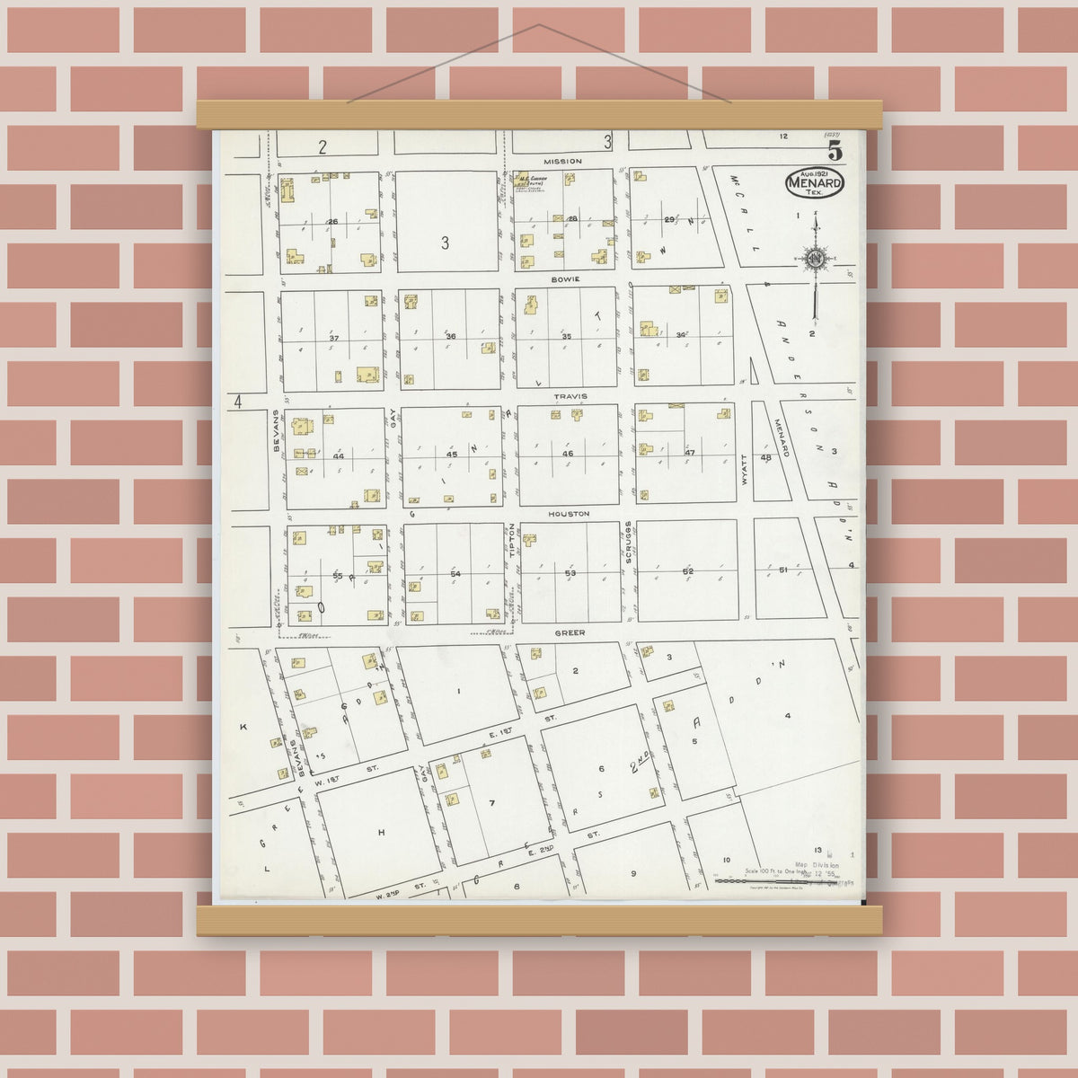 Old map wall art mockup — magnetic wood frame on brick wall — Sanborn Fire Insurance Map from Menard, Menard County, Texas (1921), Sheet #0005