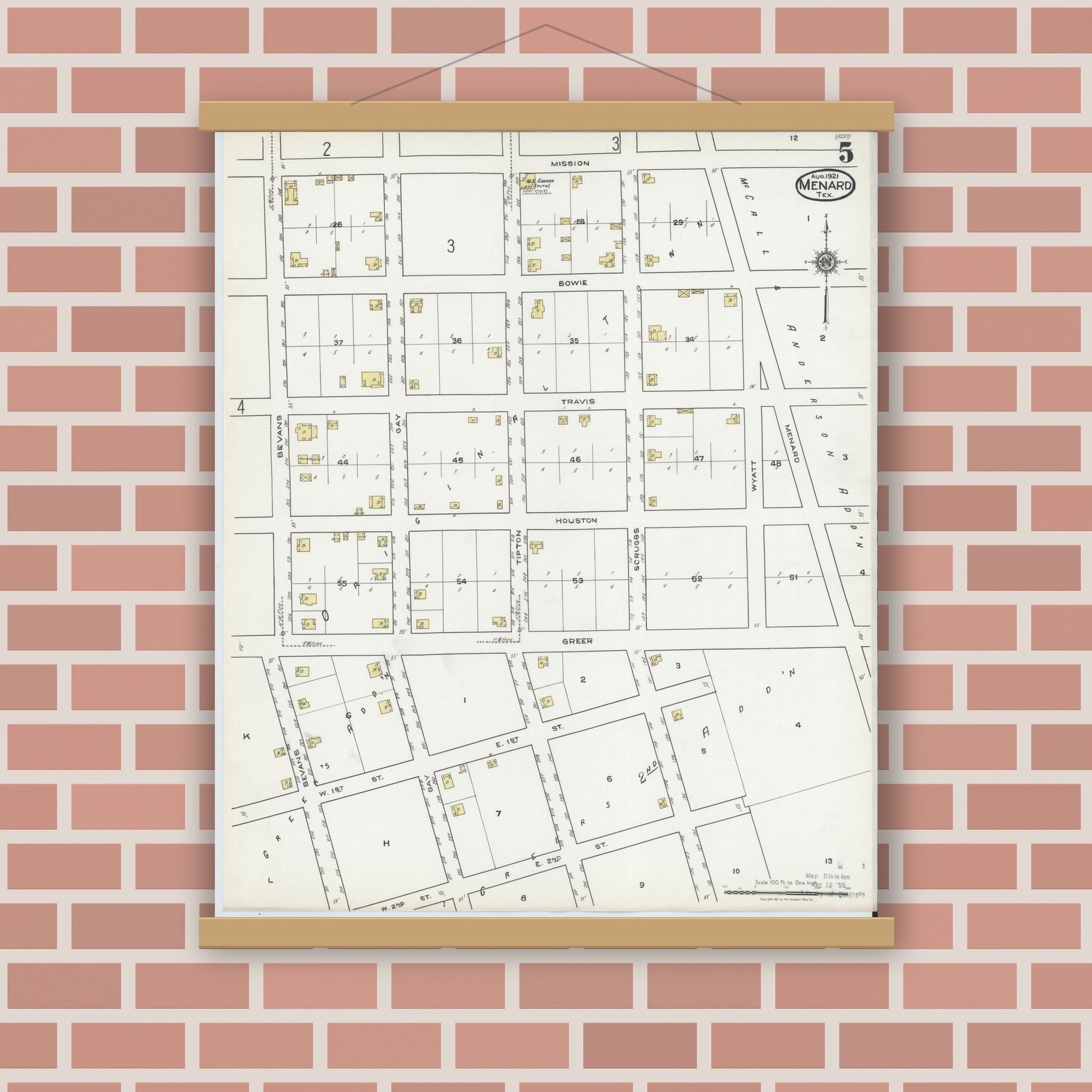 Old map wall art mockup — magnetic wood frame on brick wall — Sanborn Fire Insurance Map from Menard, Menard County, Texas (1921), Sheet #0005