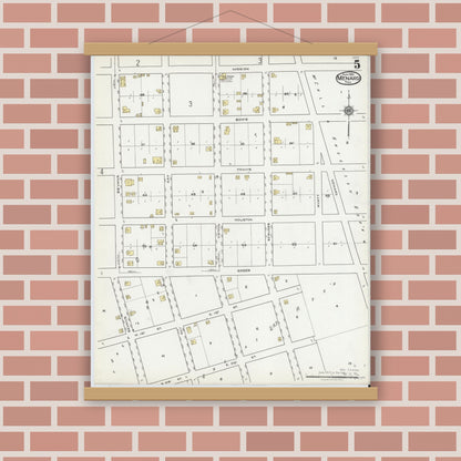 Old map wall art mockup — magnetic wood frame on brick wall — Sanborn Fire Insurance Map from Menard, Menard County, Texas (1921), Sheet #0005