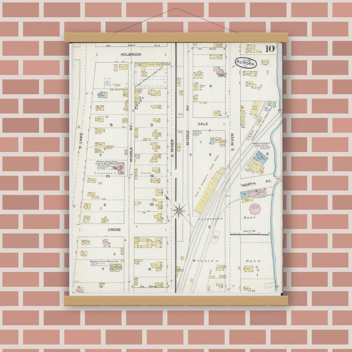 Old map wall art mockup — magnetic wood frame on brick wall — Sanborn Fire Insurance Map from Aurora, Kane County, Illinois (1888), Sheet #0010
