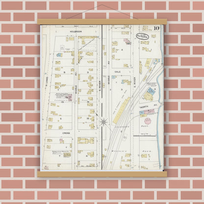 Old map wall art mockup — magnetic wood frame on brick wall — Sanborn Fire Insurance Map from Aurora, Kane County, Illinois (1888), Sheet #0010
