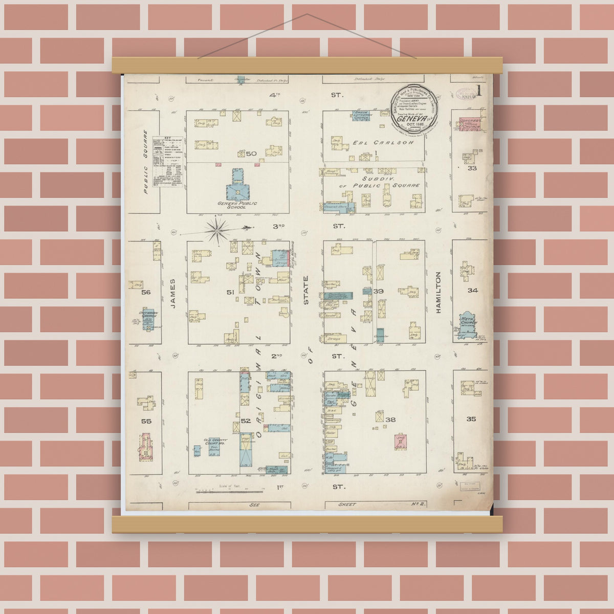 Old map wall art mockup — magnetic wood frame on brick wall — Sanborn Fire Insurance Map from Geneva, Kane County, Illinois (1885) - Complete Map Set