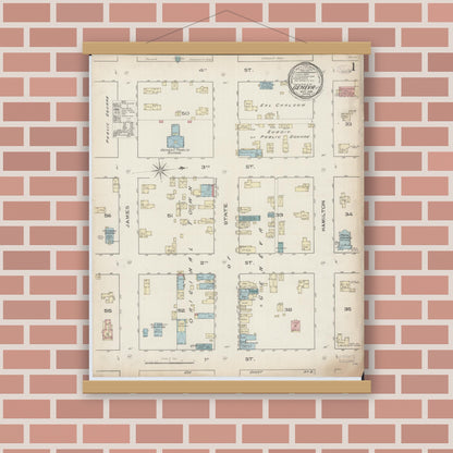 Old map wall art mockup — magnetic wood frame on brick wall — Sanborn Fire Insurance Map from Geneva, Kane County, Illinois (1885) - Complete Map Set