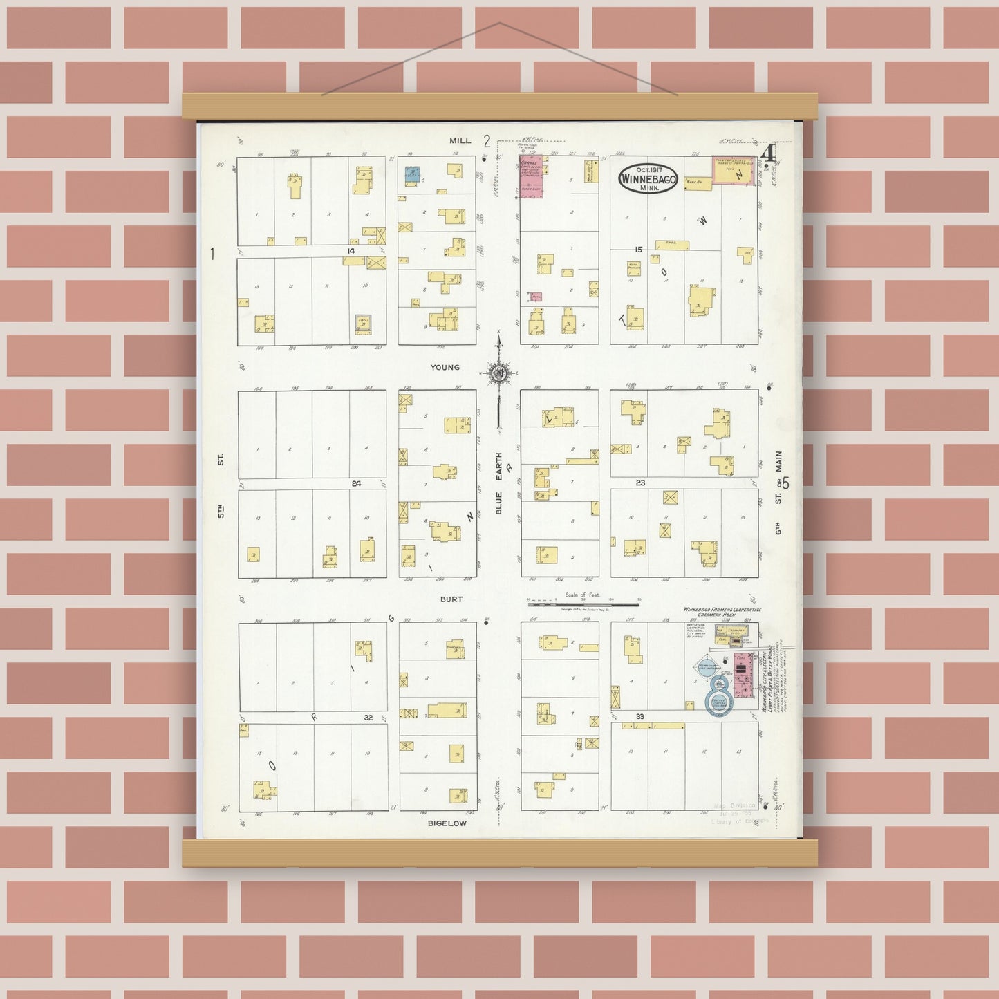 Old map wall art mockup — magnetic wood frame on brick wall — Sanborn Fire Insurance Map from Winnebago, Faribault County, Minnesota (1917), Sheet #0004
