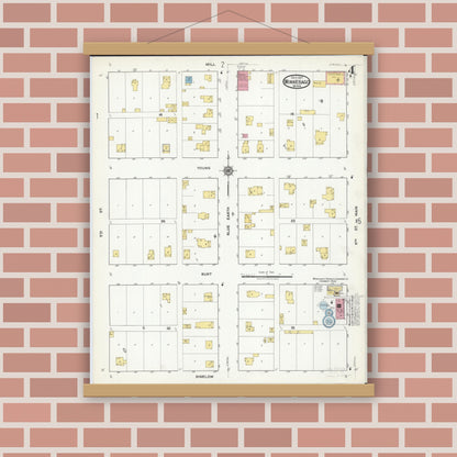 Old map wall art mockup — magnetic wood frame on brick wall — Sanborn Fire Insurance Map from Winnebago, Faribault County, Minnesota (1917), Sheet #0004
