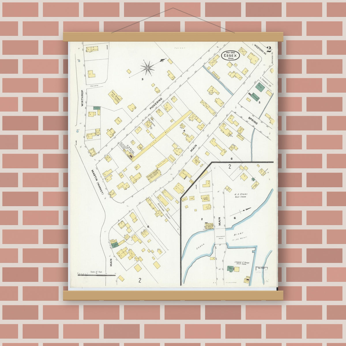 Old map wall art mockup — magnetic wood frame on brick wall — Sanborn Fire Insurance Map from Essex, Essex County, Massachusetts (1909), Sheet #0002