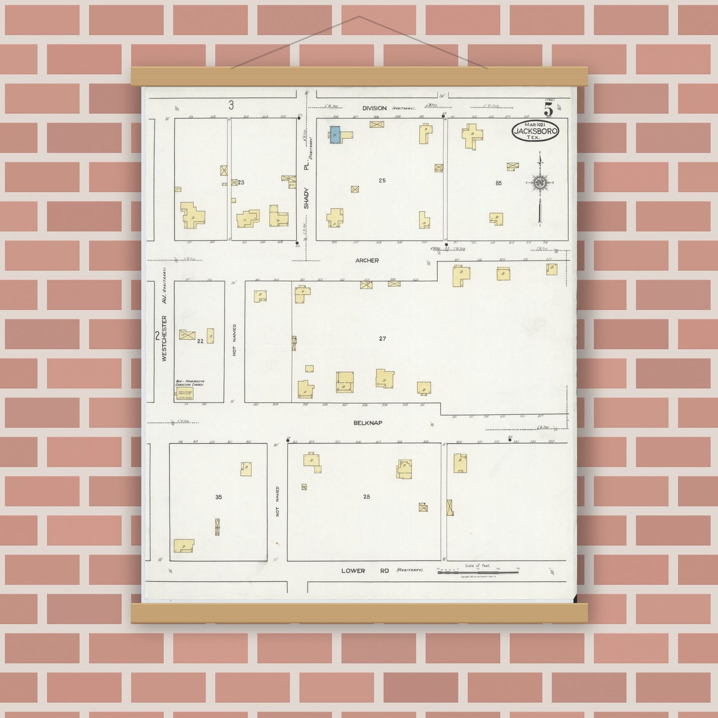 Old map wall art mockup — magnetic wood frame on brick wall — Sanborn Fire Insurance Map from Jacksboro, Jack County, Texas (1921), Sheet #0005