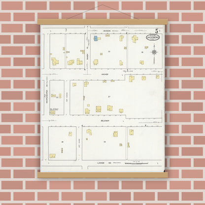 Old map wall art mockup — magnetic wood frame on brick wall — Sanborn Fire Insurance Map from Jacksboro, Jack County, Texas (1921), Sheet #0005