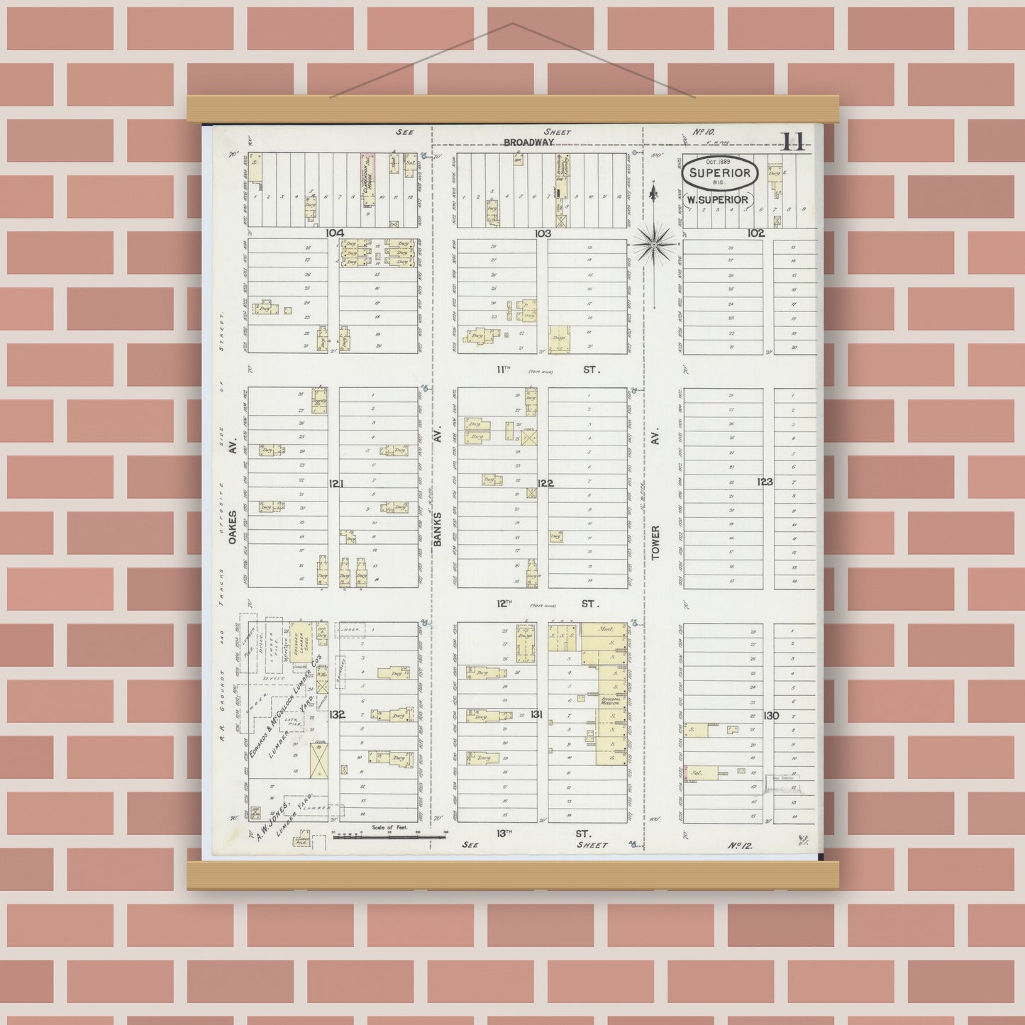 Old map wall art mockup — magnetic wood frame on brick wall — Sanborn Fire Insurance Map from Superior, Douglas County, Wisconsin (1887), Sheet #0011