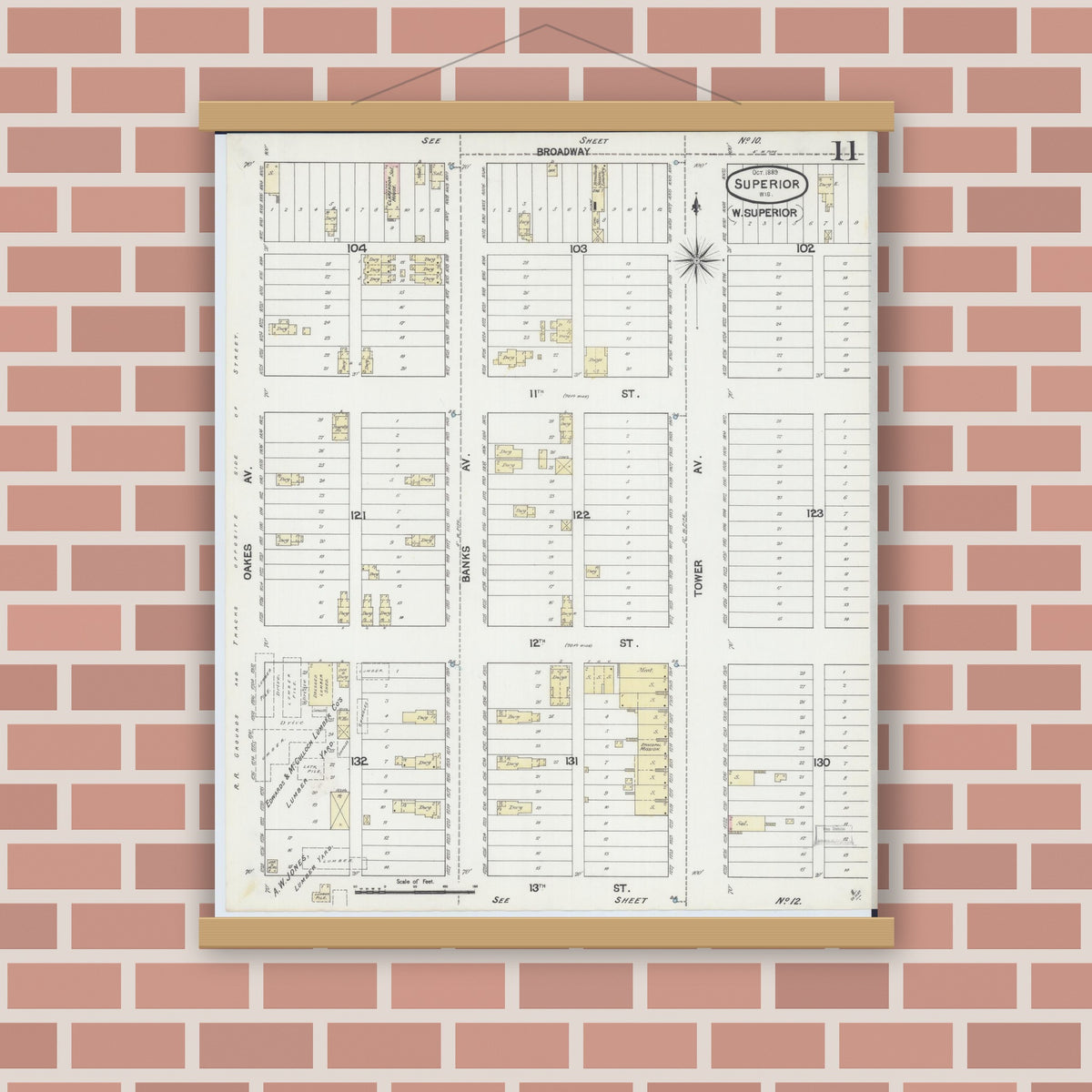 Old map wall art mockup — magnetic wood frame on brick wall — Sanborn Fire Insurance Map from Superior, Douglas County, Wisconsin (1887), Sheet #0011
