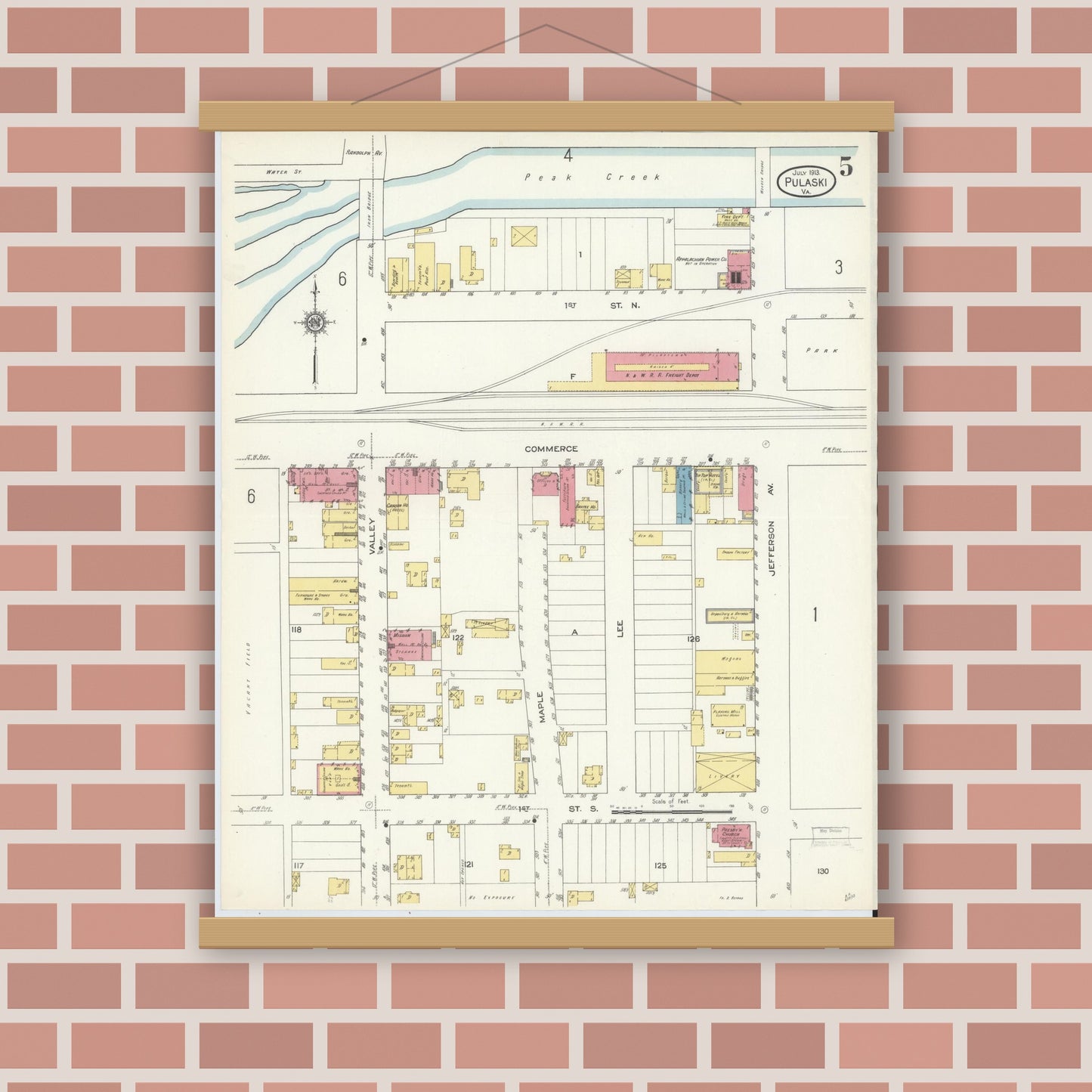 Old map wall art mockup — magnetic wood frame on brick wall — Sanborn Fire Insurance Map from Pulaski, Pulaski County, Virginia (1913), Sheet #0005