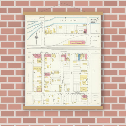 Old map wall art mockup — magnetic wood frame on brick wall — Sanborn Fire Insurance Map from Pulaski, Pulaski County, Virginia (1913), Sheet #0005