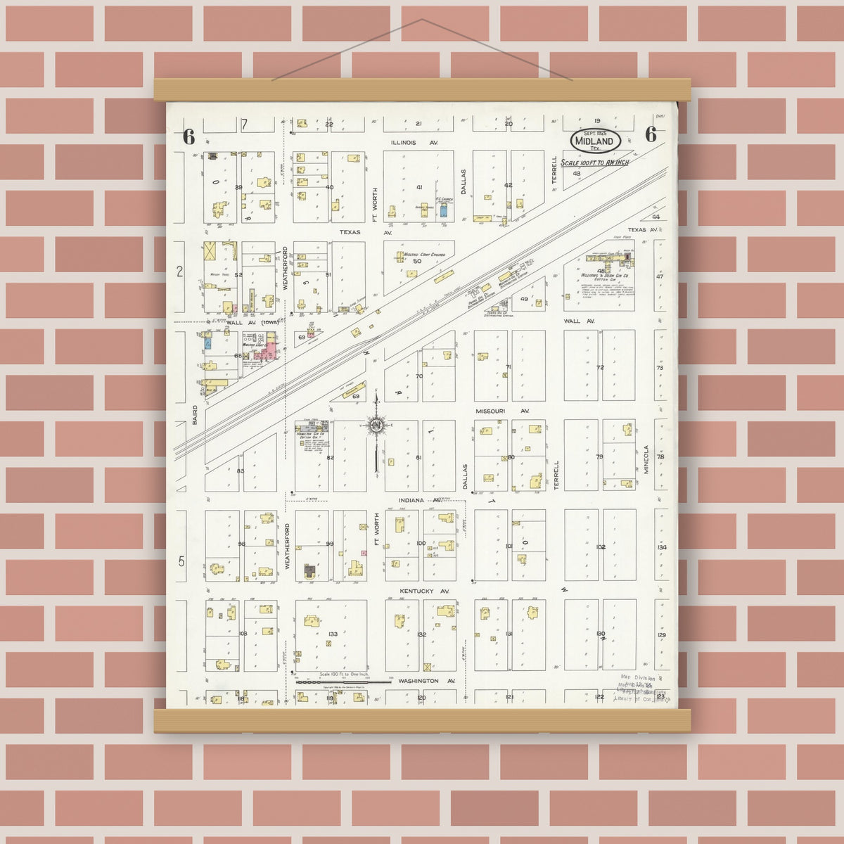 Old map wall art mockup — magnetic wood frame on brick wall — Sanborn Fire Insurance Map from Midland, Midland County, Texas (1925), Sheet #0006