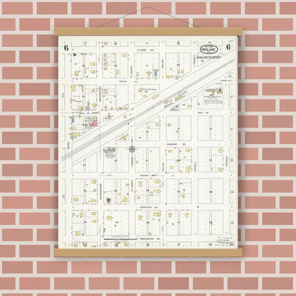 Old map wall art mockup — magnetic wood frame on brick wall — Sanborn Fire Insurance Map from Midland, Midland County, Texas (1925), Sheet #0006