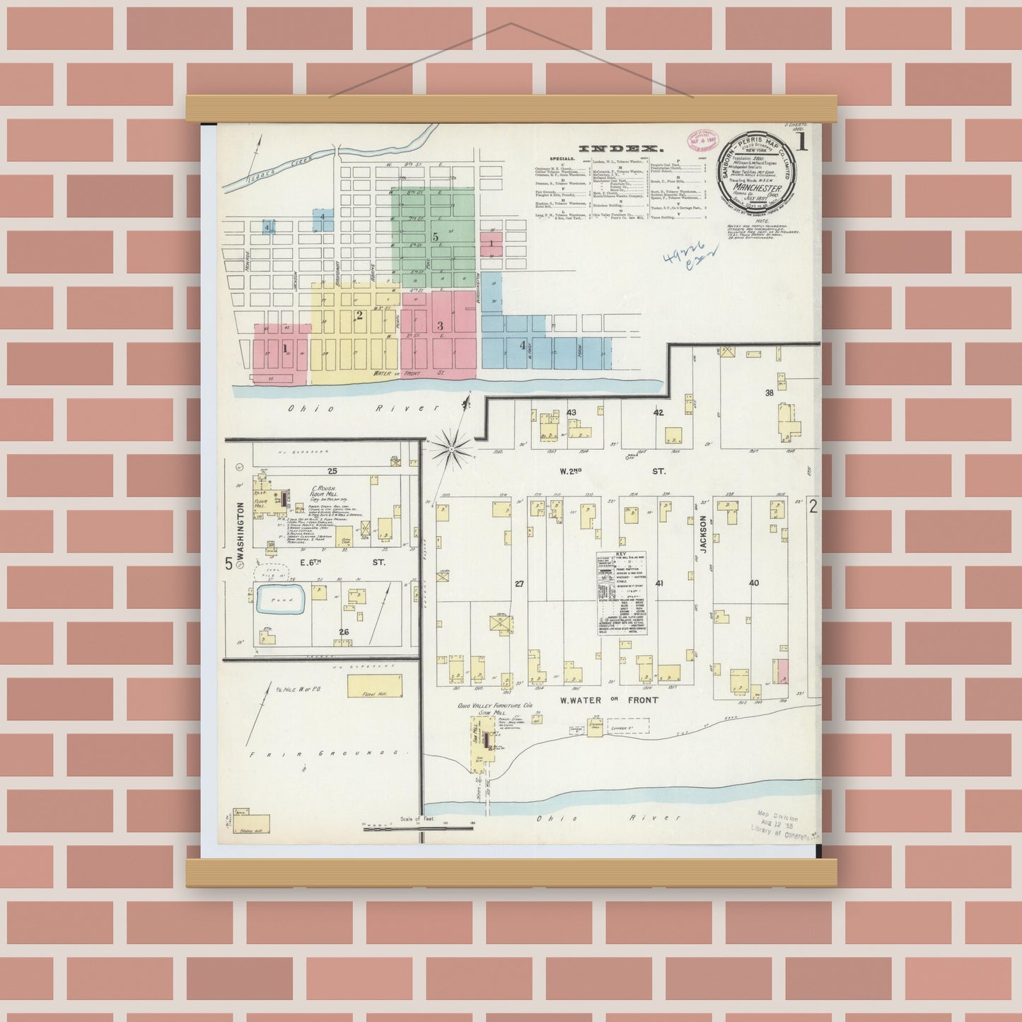 Old map wall art mockup — magnetic wood frame on brick wall — Sanborn Fire Insurance Map from Manchester, Adams County, Ohio (1897), Sheet #0001