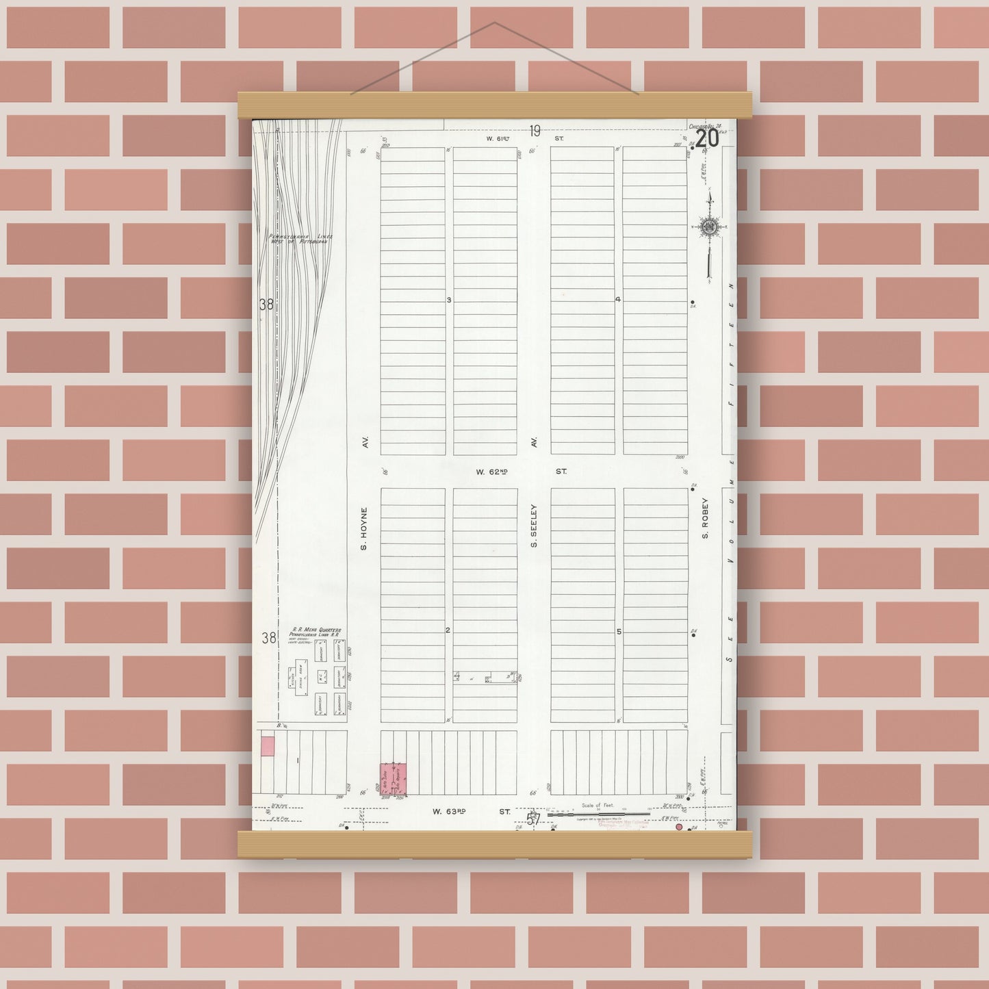 Old map wall art mockup — magnetic wood frame on brick wall — Sanborn Fire Insurance Map from Chicago, Cook County, Illinois (1920), Sheet #0020