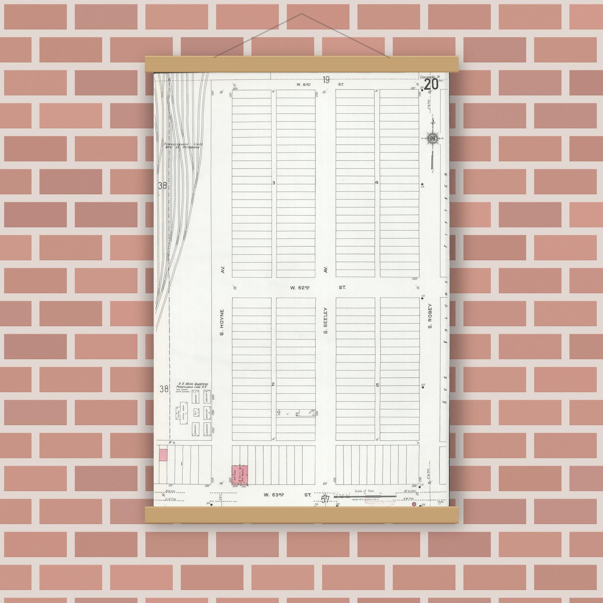 Old map wall art mockup — magnetic wood frame on brick wall — Sanborn Fire Insurance Map from Chicago, Cook County, Illinois (1920), Sheet #0020