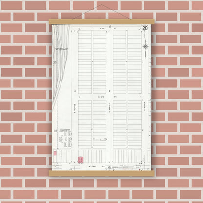 Old map wall art mockup — magnetic wood frame on brick wall — Sanborn Fire Insurance Map from Chicago, Cook County, Illinois (1920), Sheet #0020