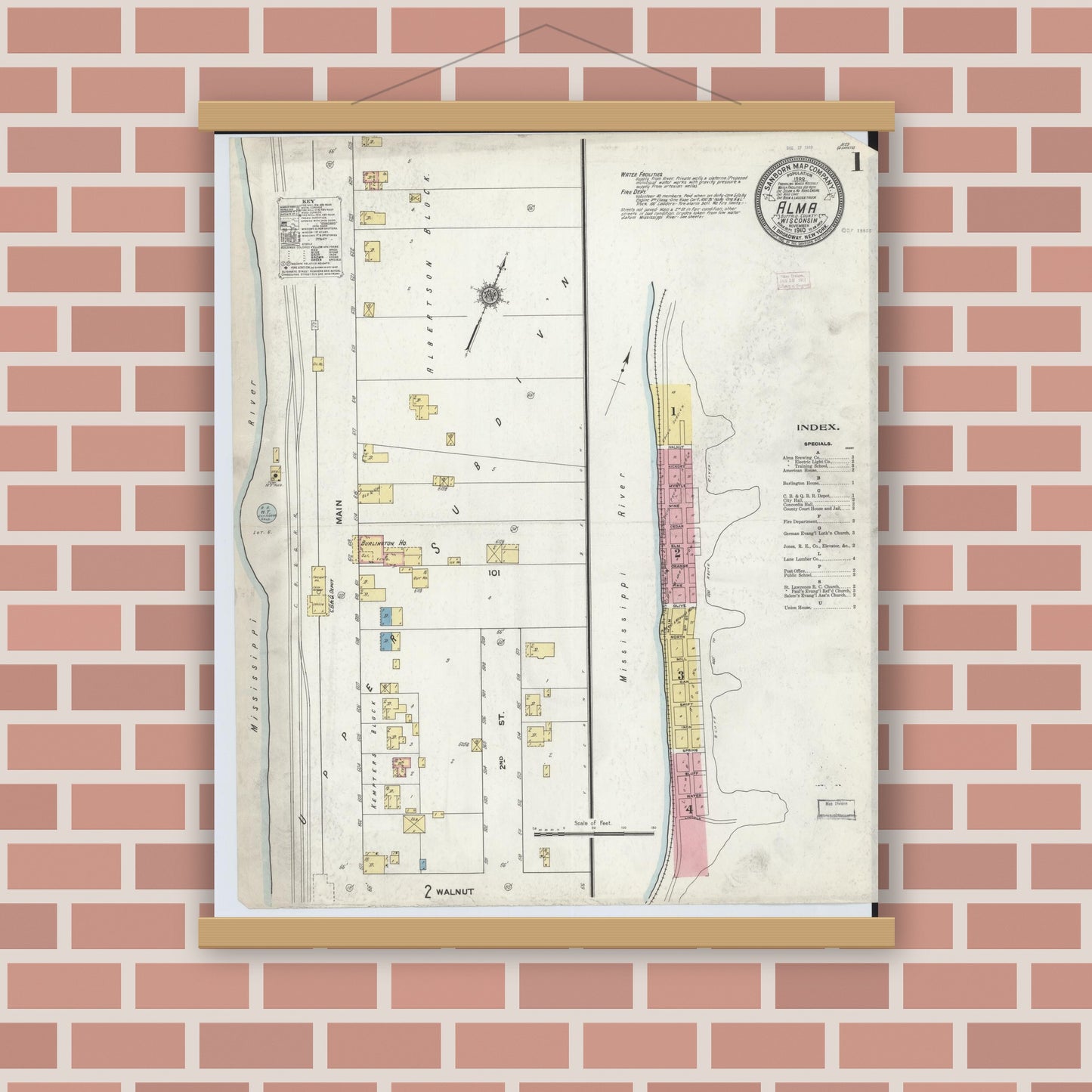 Old map wall art mockup — magnetic wood frame on brick wall — Sanborn Fire Insurance Map from Alma, Buffalo County, Wisconsin (1910) - Complete Map Set