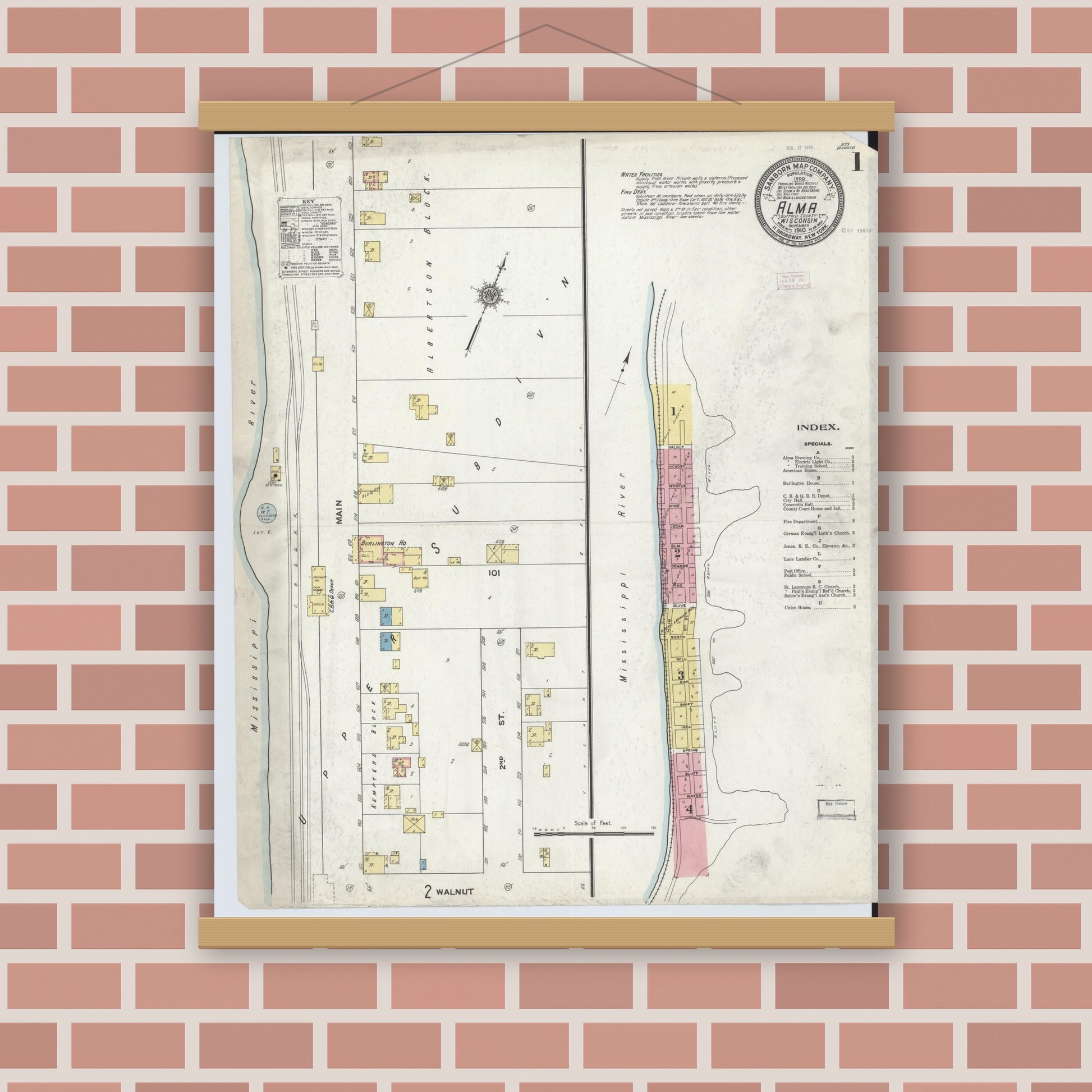 Old map wall art mockup — magnetic wood frame on brick wall — Sanborn Fire Insurance Map from Alma, Buffalo County, Wisconsin (1910) - Complete Map Set