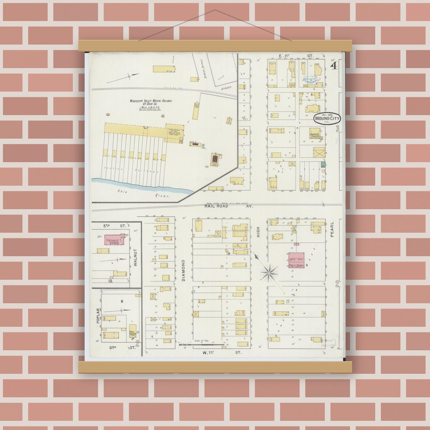 Old map wall art mockup — magnetic wood frame on brick wall — Sanborn Fire Insurance Map from Mound City, Pulaski County, Illinois (1894), Sheet #0004