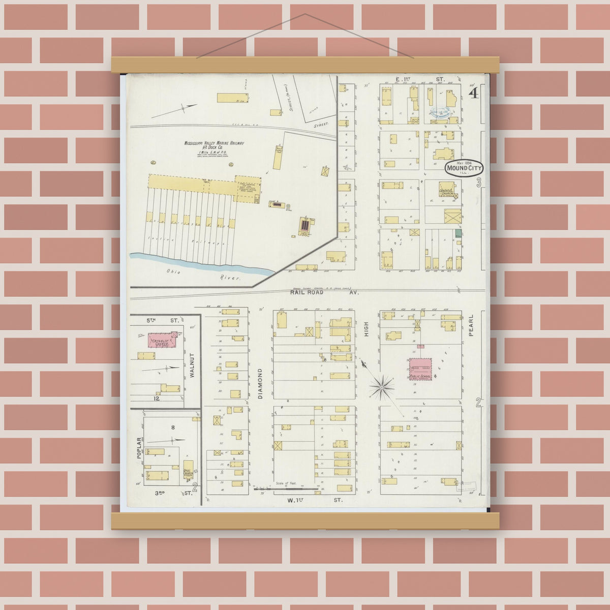 Old map wall art mockup — magnetic wood frame on brick wall — Sanborn Fire Insurance Map from Mound City, Pulaski County, Illinois (1894), Sheet #0004