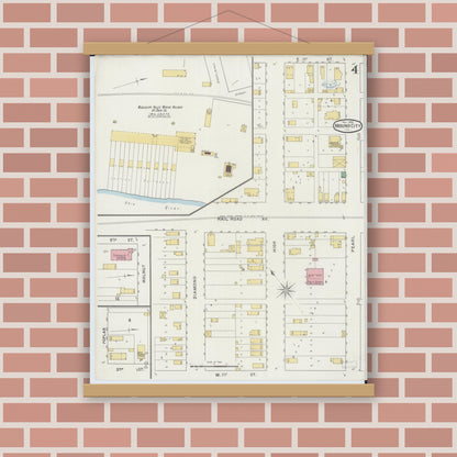Old map wall art mockup — magnetic wood frame on brick wall — Sanborn Fire Insurance Map from Mound City, Pulaski County, Illinois (1894), Sheet #0004