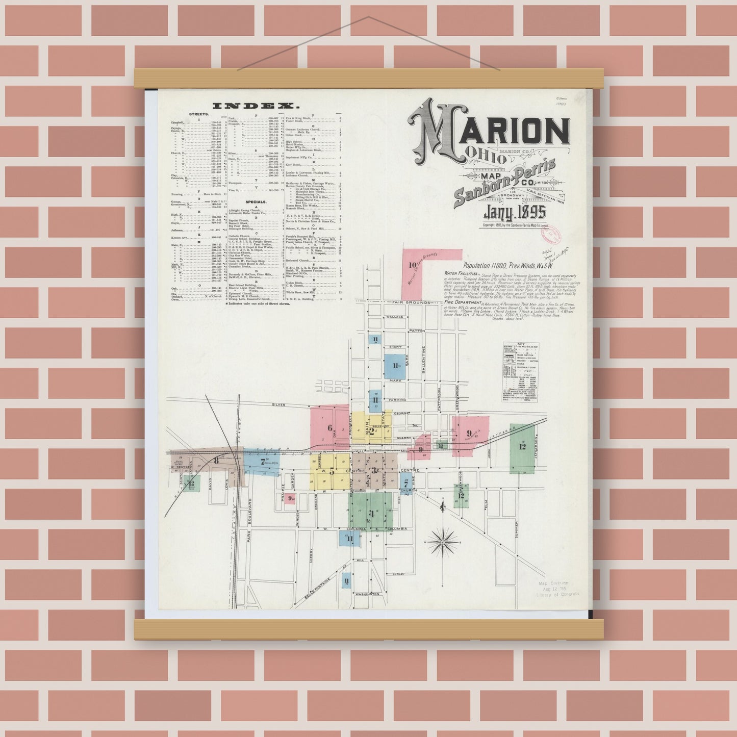 Old map wall art mockup — magnetic wood frame on brick wall — Sanborn Fire Insurance Map from Marion, Marion County, Ohio (1895), Sheet #0001