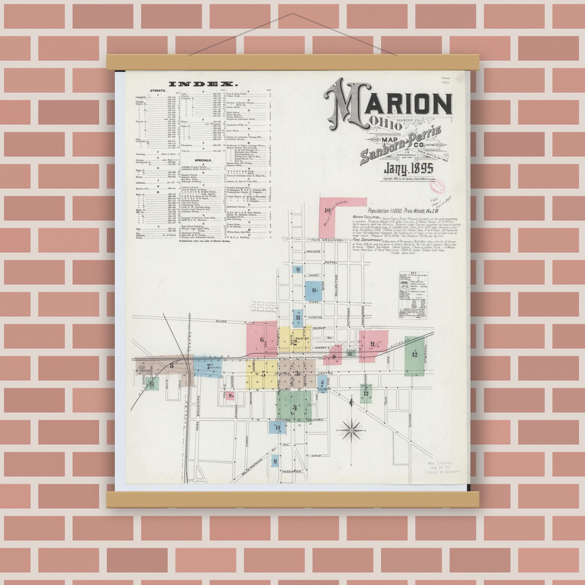 Old map wall art mockup — magnetic wood frame on brick wall — Sanborn Fire Insurance Map from Marion, Marion County, Ohio (1895), Sheet #0001