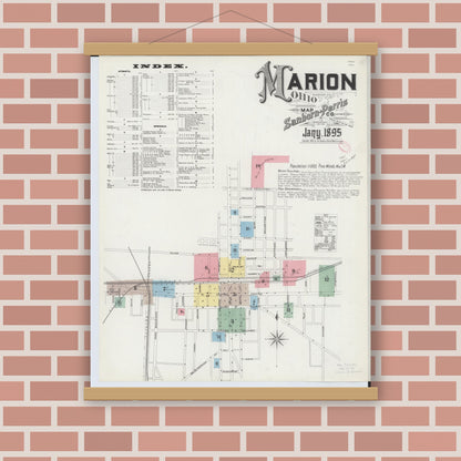 Old map wall art mockup — magnetic wood frame on brick wall — Sanborn Fire Insurance Map from Marion, Marion County, Ohio (1895), Sheet #0001