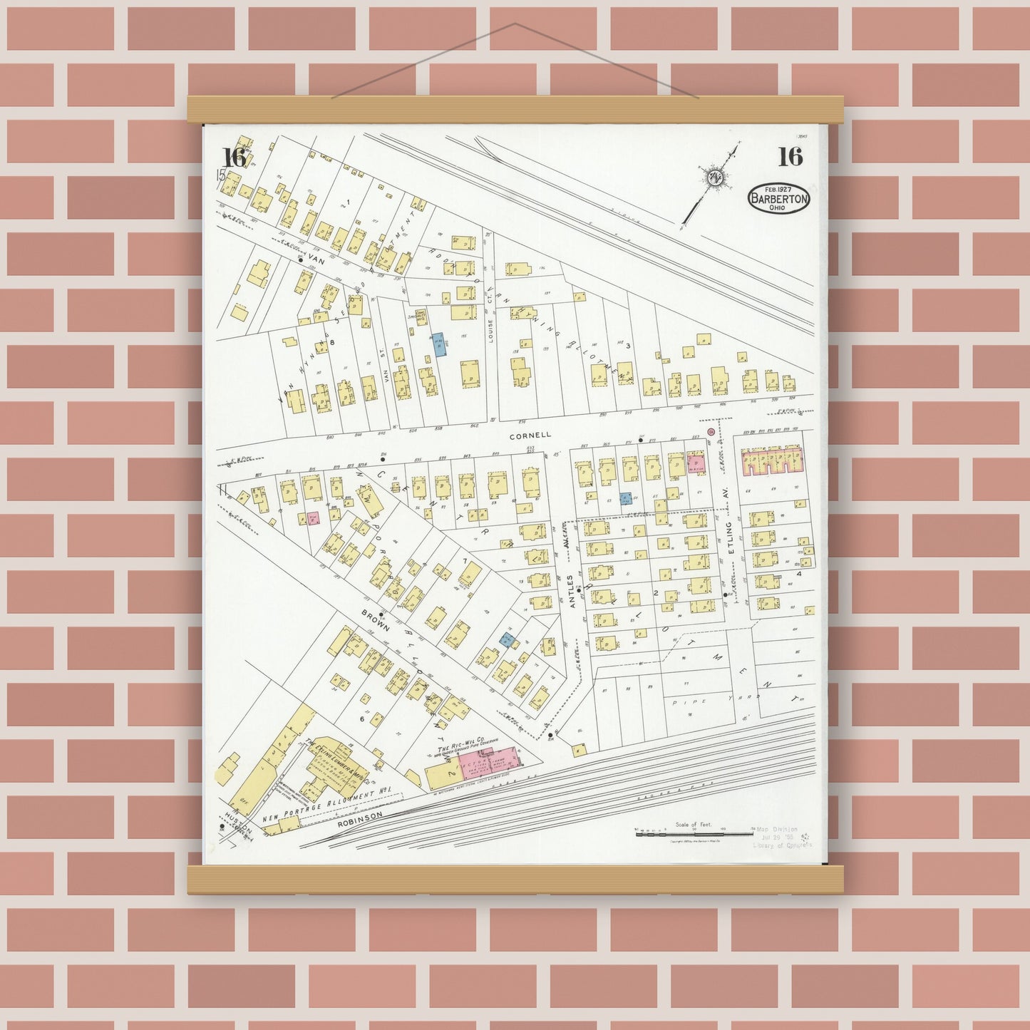 Old map wall art mockup — magnetic wood frame on brick wall — Sanborn Fire Insurance Map from Barberton, Summit County, Ohio (1927), Sheet #0016