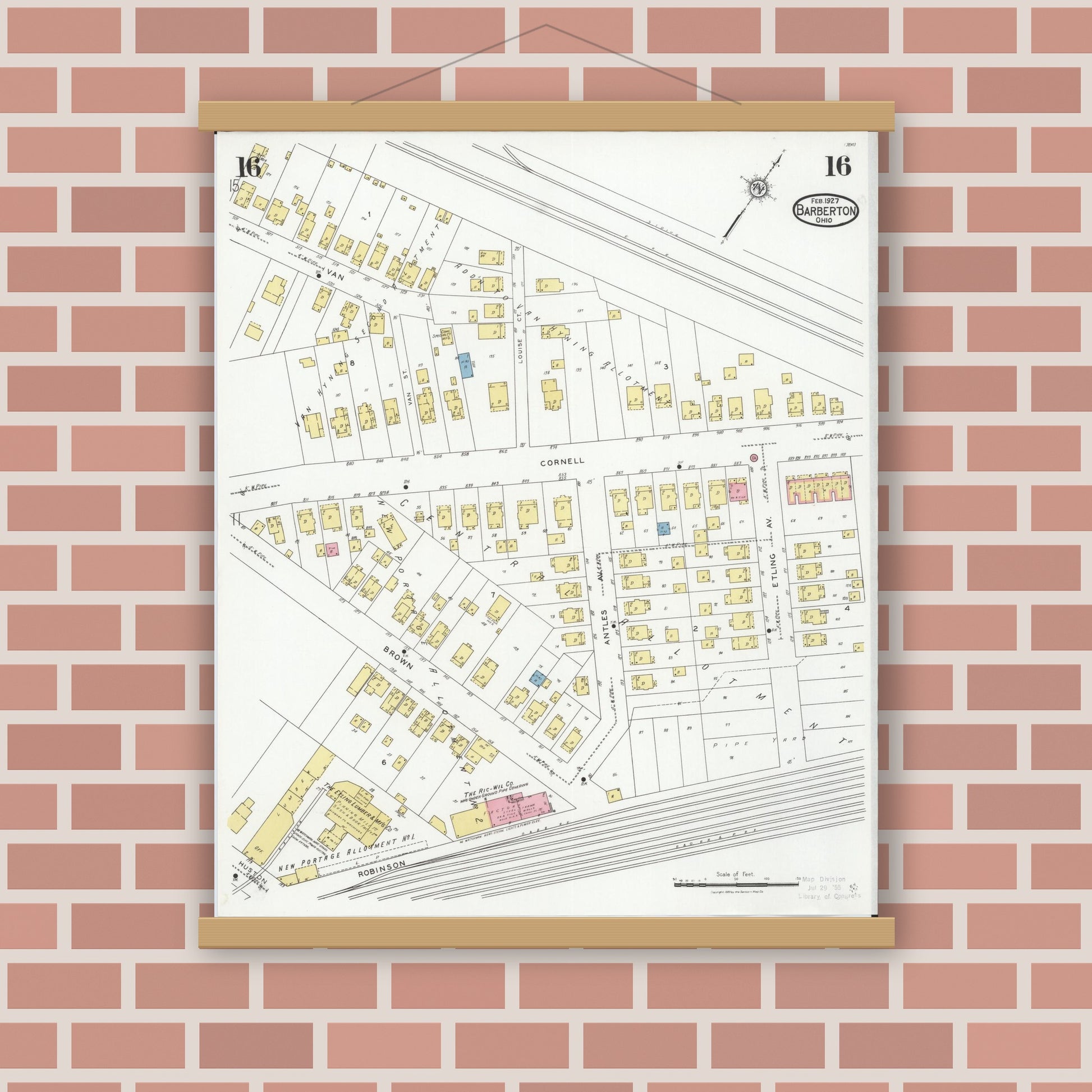 Old map wall art mockup — magnetic wood frame on brick wall — Sanborn Fire Insurance Map from Barberton, Summit County, Ohio (1927), Sheet #0016