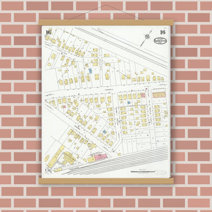 Old map wall art mockup — magnetic wood frame on brick wall — Sanborn Fire Insurance Map from Barberton, Summit County, Ohio (1927), Sheet #0016