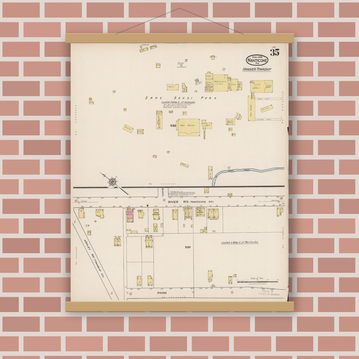 Old map wall art mockup — magnetic wood frame on brick wall — Sanborn Fire Insurance Map from Nanticoke, Luzerne County, Pennsylvania (1920), Sheet #0035