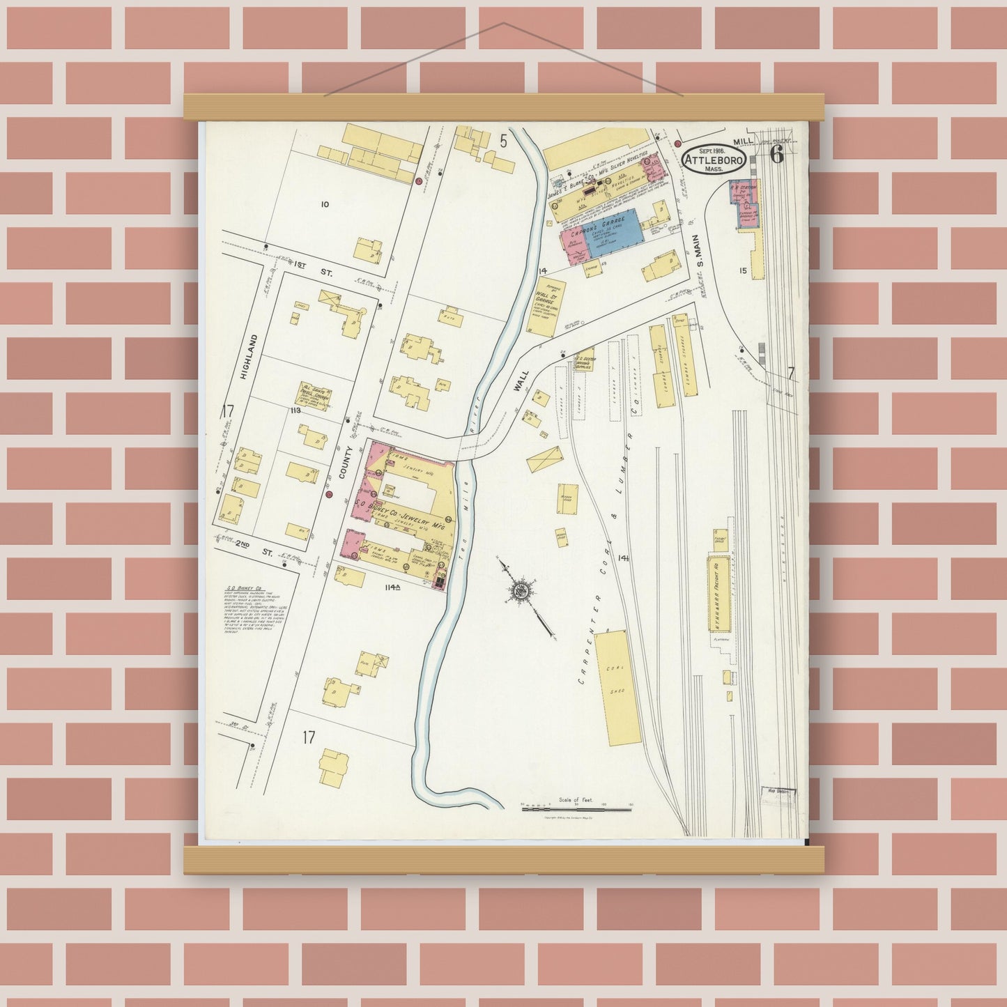 Old map wall art mockup — magnetic wood frame on brick wall — Sanborn Fire Insurance Map from Attleboro, Bristol County, Massachusetts (1916), Sheet #0006