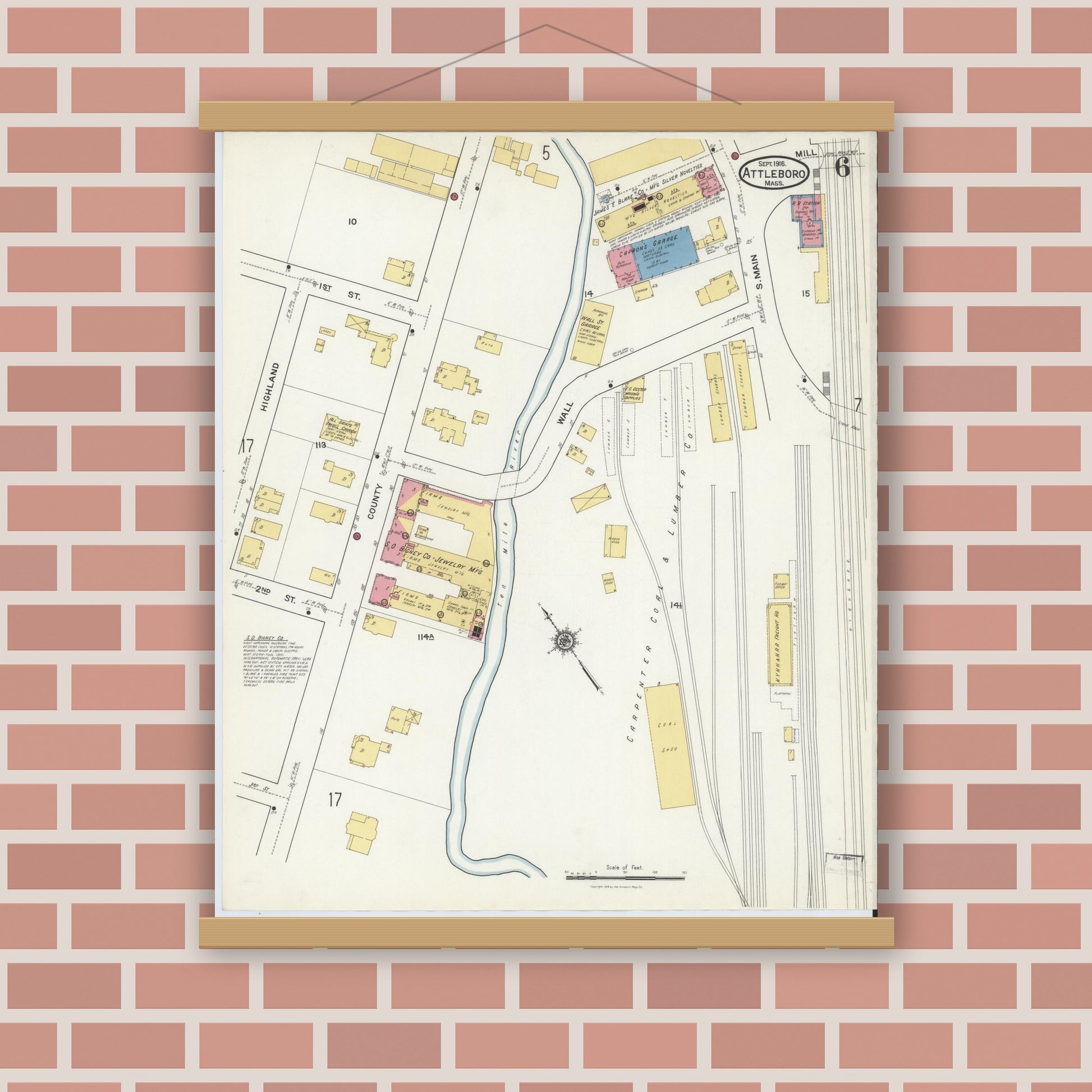 Old map wall art mockup — magnetic wood frame on brick wall — Sanborn Fire Insurance Map from Attleboro, Bristol County, Massachusetts (1916), Sheet #0006