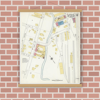 Old map wall art mockup — magnetic wood frame on brick wall — Sanborn Fire Insurance Map from Attleboro, Bristol County, Massachusetts (1916), Sheet #0006