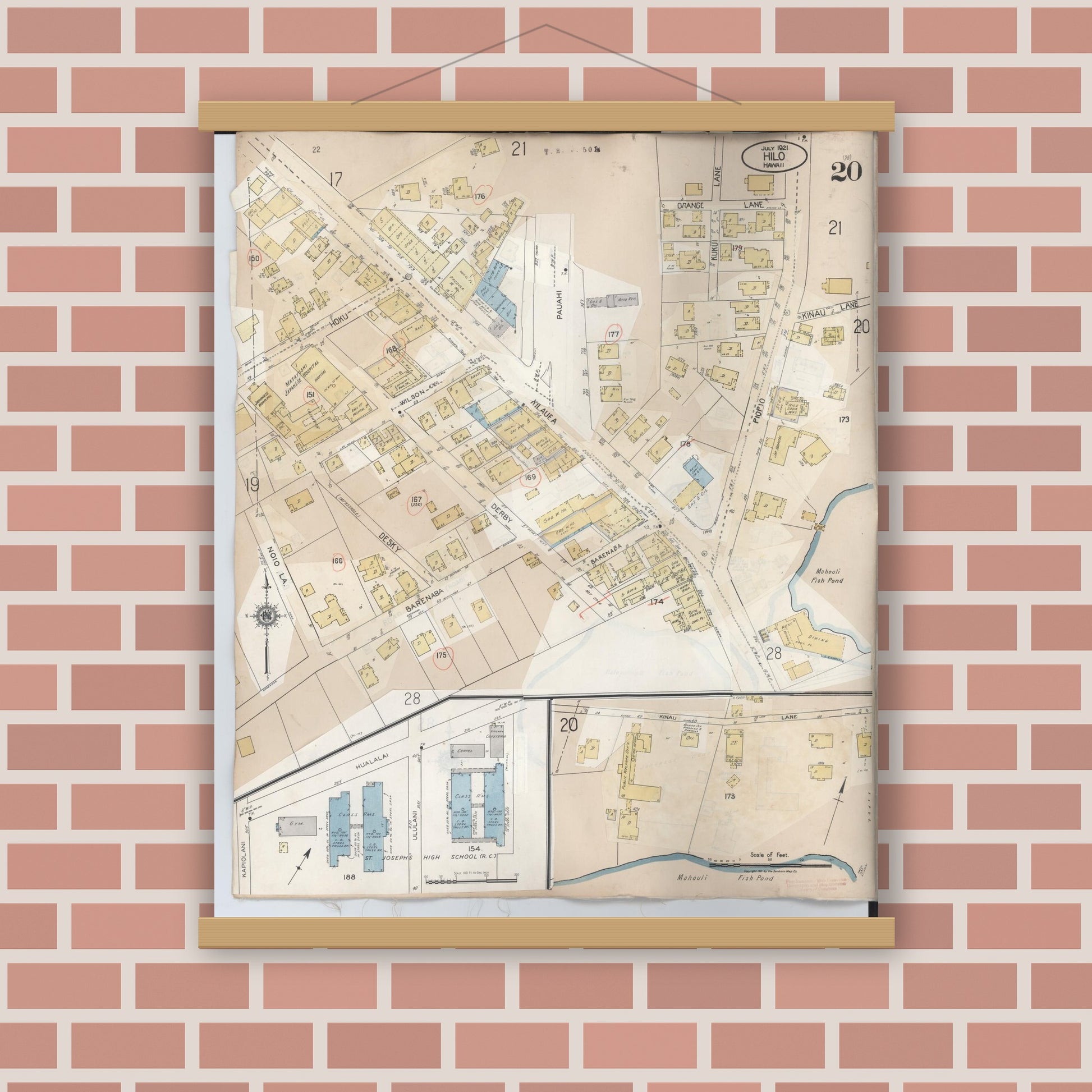 Old map wall art mockup — magnetic wood frame on brick wall — Sanborn Fire Insurance Map from Hilo, Hawaii County, Hawaii (1957), Sheet #0020