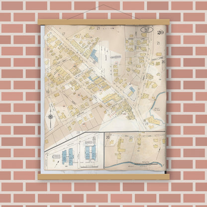 Old map wall art mockup — magnetic wood frame on brick wall — Sanborn Fire Insurance Map from Hilo, Hawaii County, Hawaii (1957), Sheet #0020