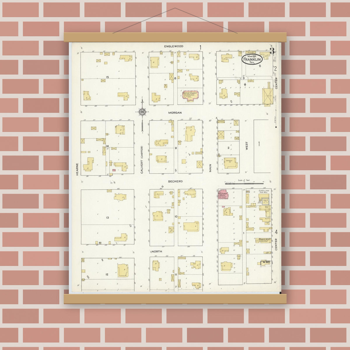 Old map wall art mockup — magnetic wood frame on brick wall — Sanborn Fire Insurance Map from Franklin, Robertson County, Texas (1916), Sheet #0003
